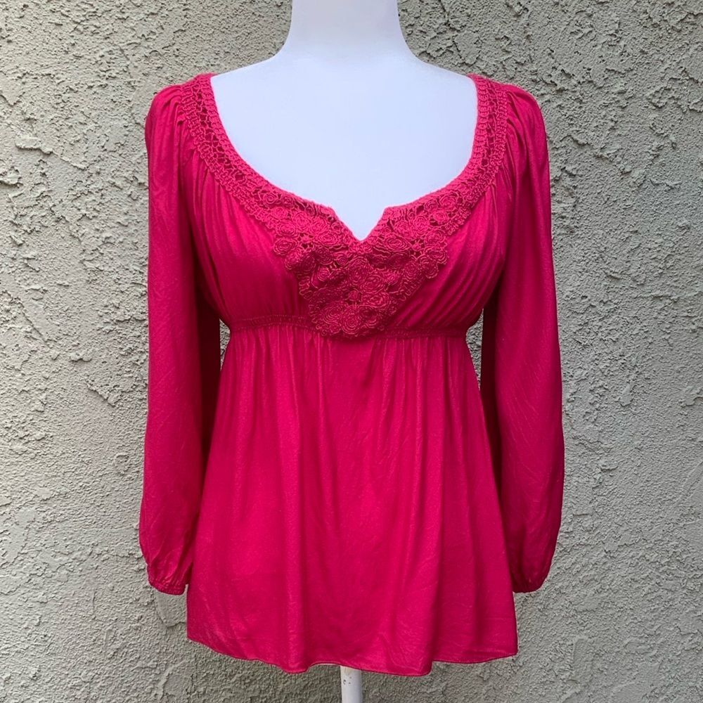 Boho Pink Crochet Split Neck Babydoll Blouse 3/4 Sleeve Peasant Top